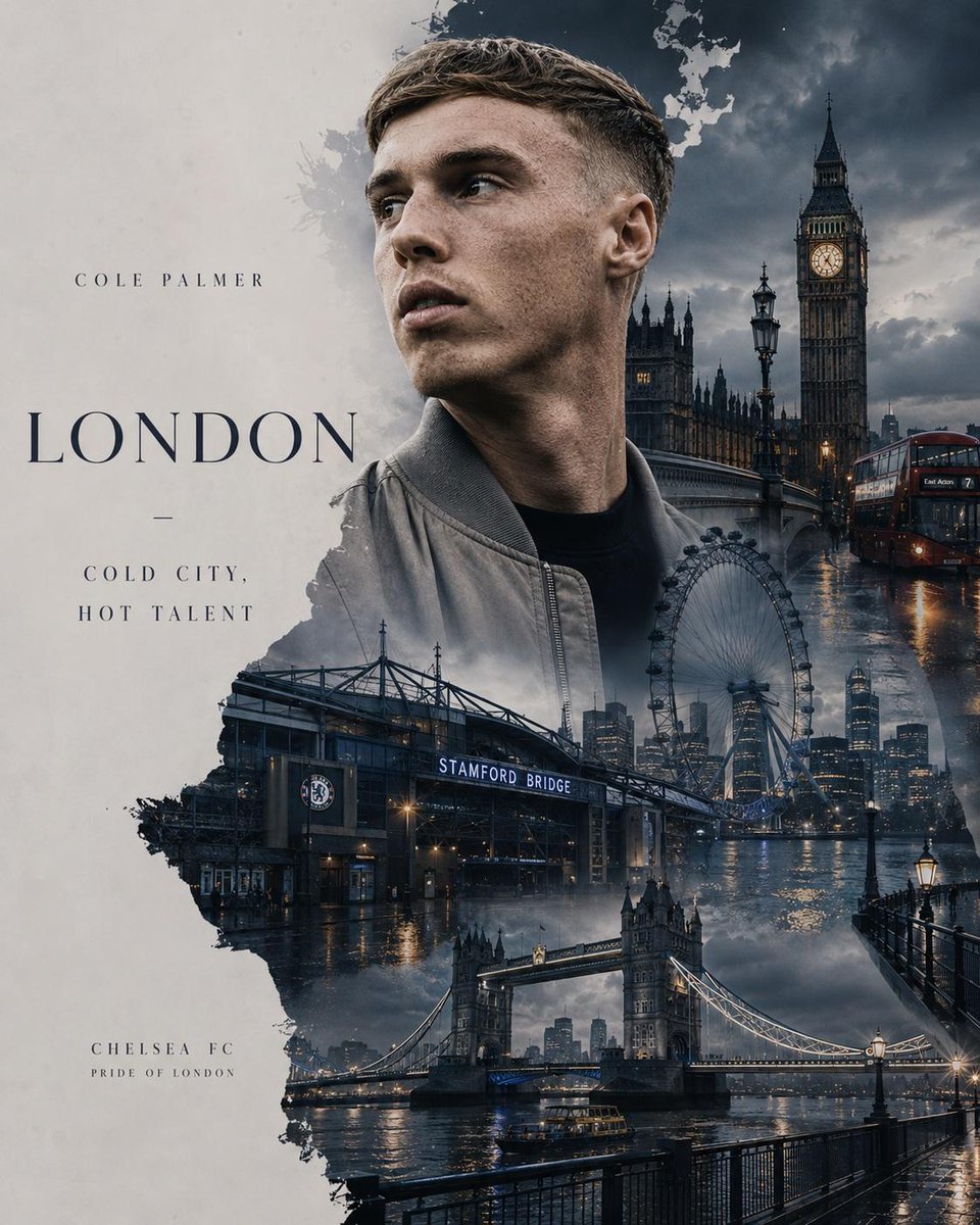 Football superstar profile blends with iconic city skyline in golden light