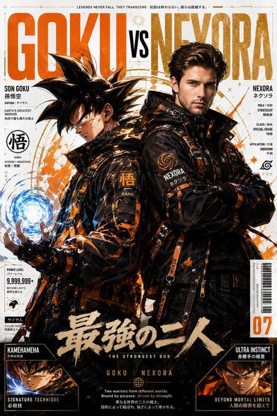 Naruto and his partner strike a pose in luxury cyberpunk techwear