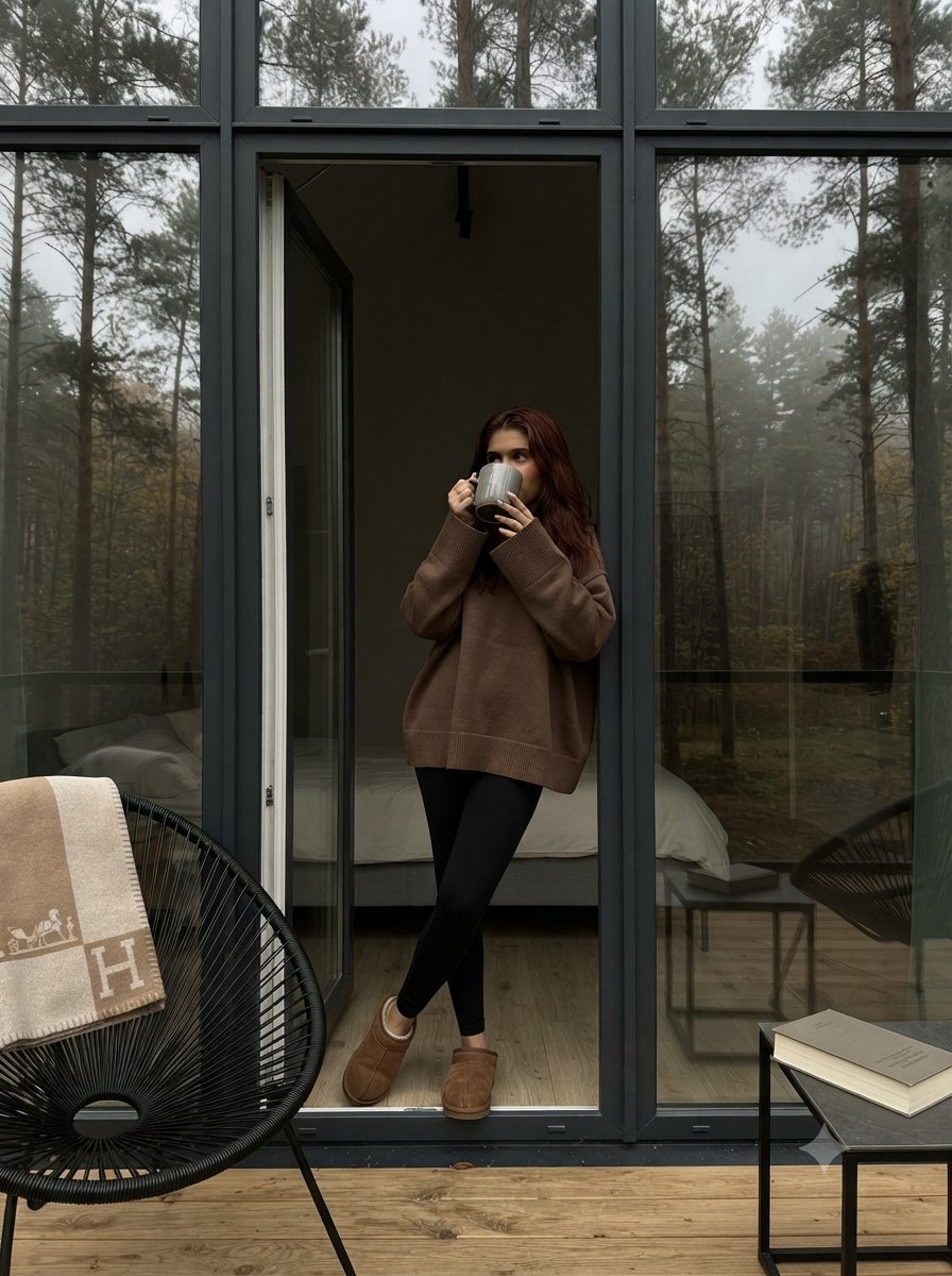Woman in oversized sweater sips coffee on misty cabin balcony