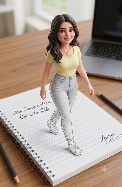 Young girl steps out from a spiral notebook page in 3D illusion