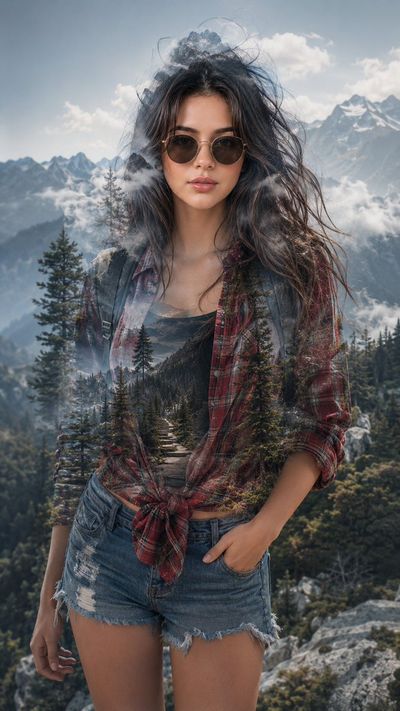 A hiker girl merges with misty mountains in double exposure