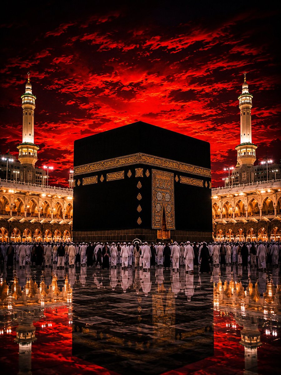 Kaaba glows with golden light as worshippers circle at twilight