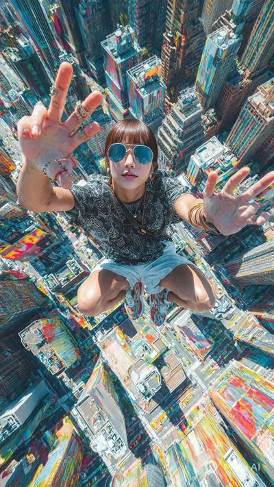 Floating Over NYC: A Playful Pose Above the Streets