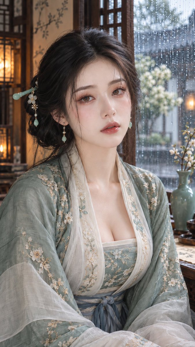 Cinematic portrait of a serene scholar lady in rainy window glow