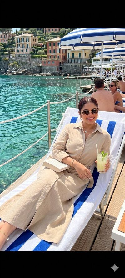 Linen-clad lounger beside turquoise sea under Mediterranean sun