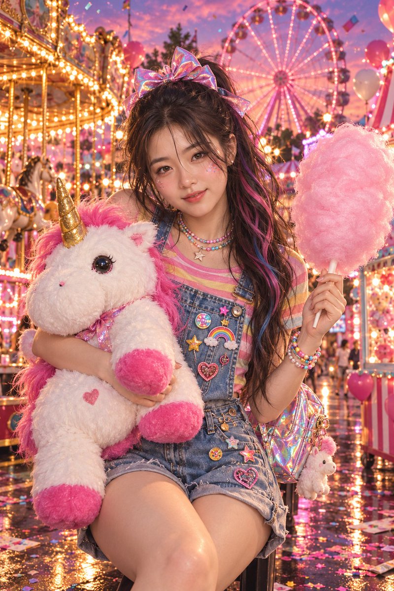 Woman holds cotton candy and unicorn plush at neon carnival