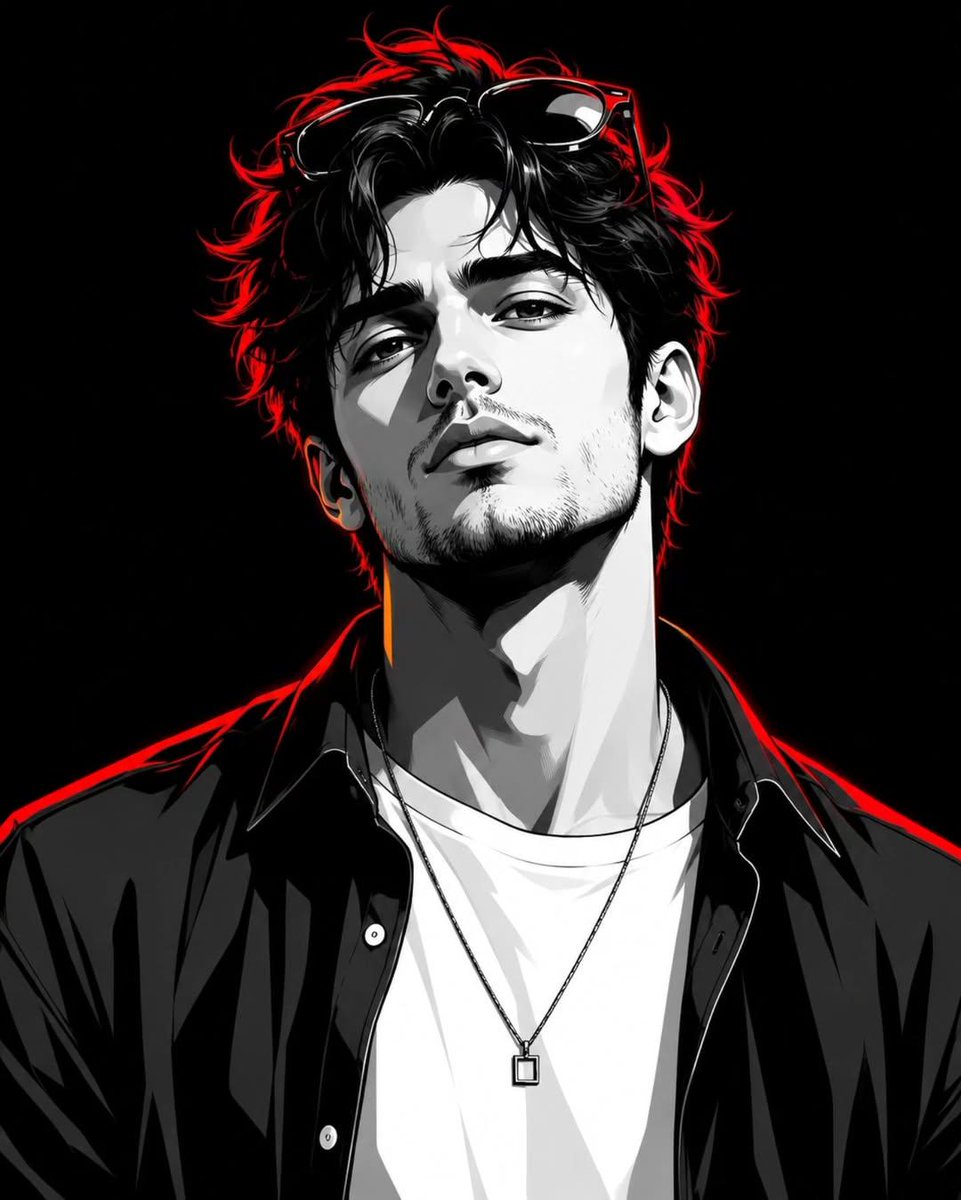 A confident young man in monochrome with neon red rim lighting