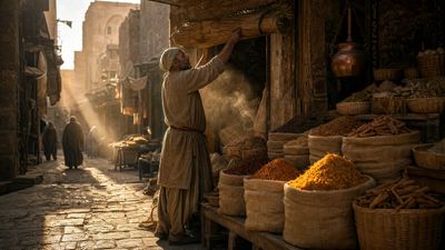 A merchant in linen rolls up reed awnings as sunlight streams through