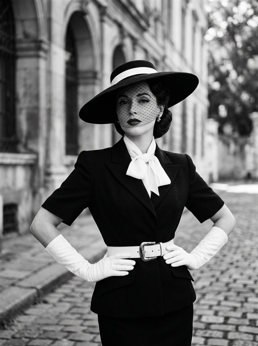 Elegant Woman in Vintage Black and White High-Fashion Attire
