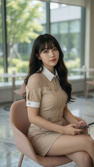 Young woman in beige dress poses elegantly in bright minimalist cafe