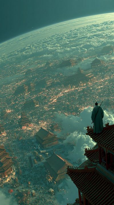Solitary Swordsman Over a Glowing Ancient City