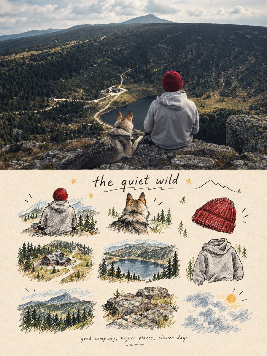 Split-panel poster pairs realistic photo with playful doodle memory grid