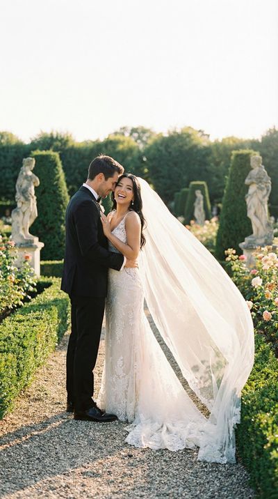 Romantic 90s French Château Garden Wedding Moment