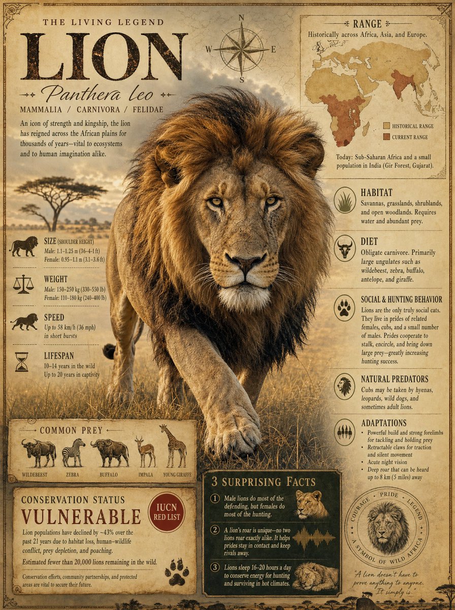 A mythic atlas plate shows a lion in African savanna grass.
