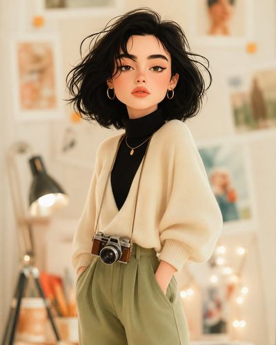A charming Pixar-style girl poses in a cozy creative studio