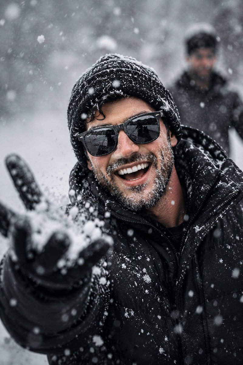 A laughing man in a black beanie throws snow at the camera