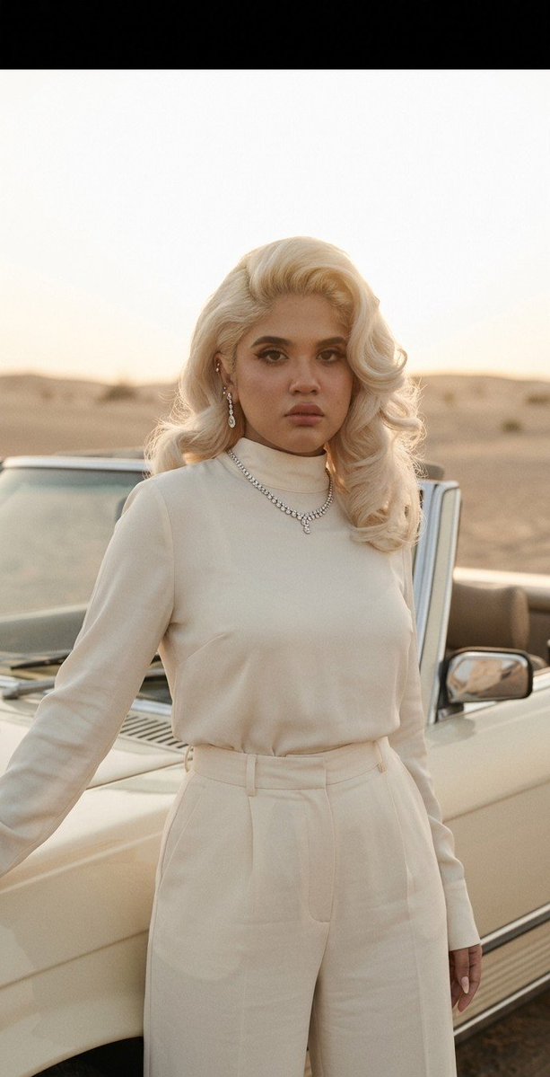 A platinum bombshell poses beside a vintage cream car in warm sunlight.