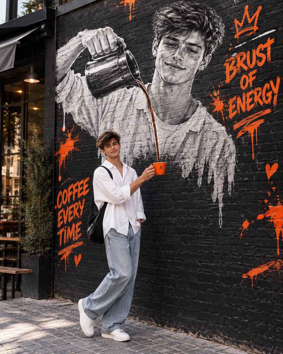Young man holds orange coffee cup beneath giant mural in urban alley