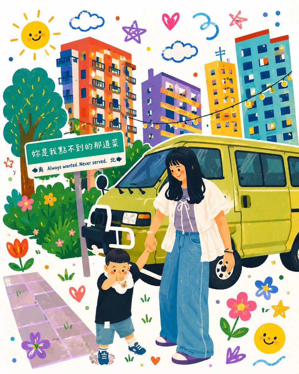 A young mother holds her toddler's hand beside a vintage camper van
