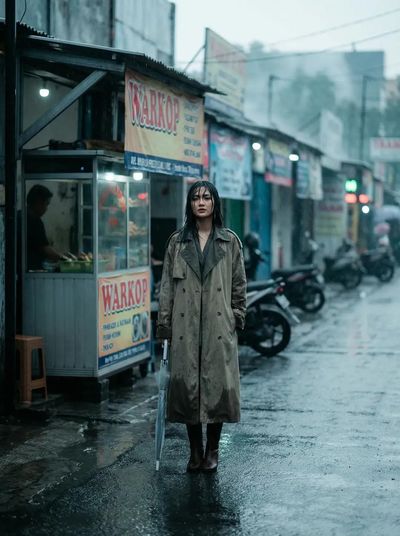 Elegance in the Rain: Indonesian Beauty on Wet Pavement