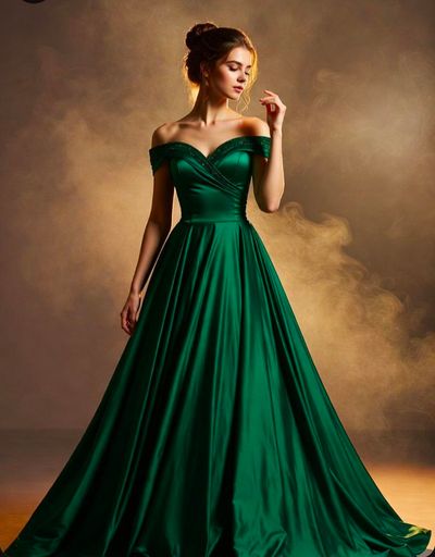 Elegant woman in emerald satin gown descends through golden mist
