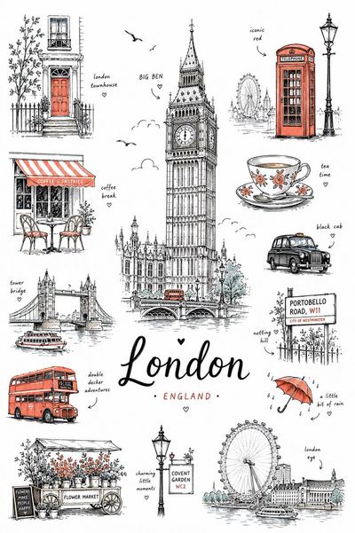 A minimalist hand-drawn travel poster of Paris with landmark