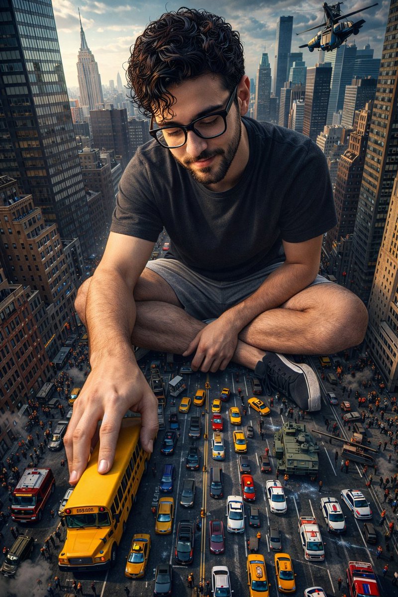 Giant Child Amidst Urban Chaos: A Hyper-Realistic Cityscape
