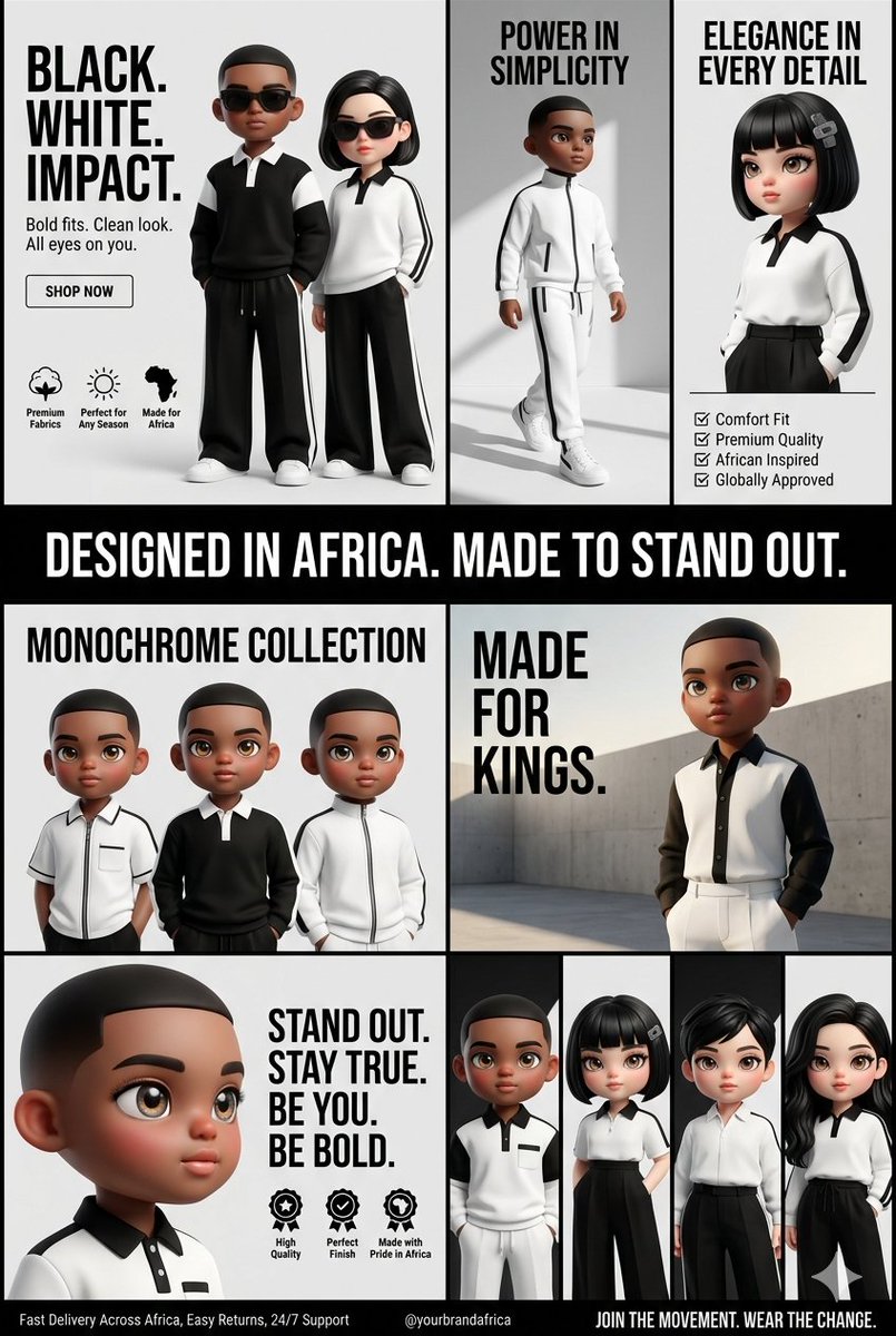 Monochrome chibi models pose in luxury African streetwear campaign