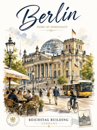 Golden sunlight illuminates Berlin's Reichstag with delicate watercolor washes