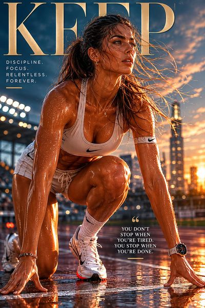 A Chinese runner blazes through sunset on a wet track.