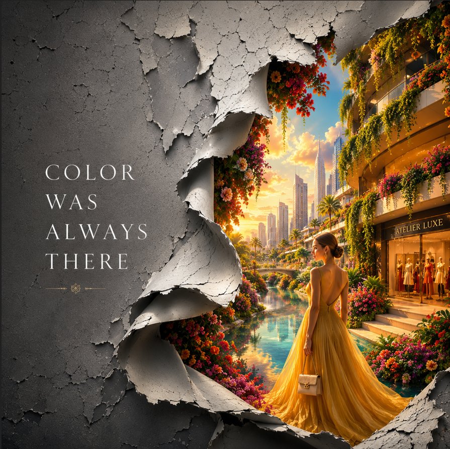 A monochrome paint layer peels to reveal a vibrant luxury world