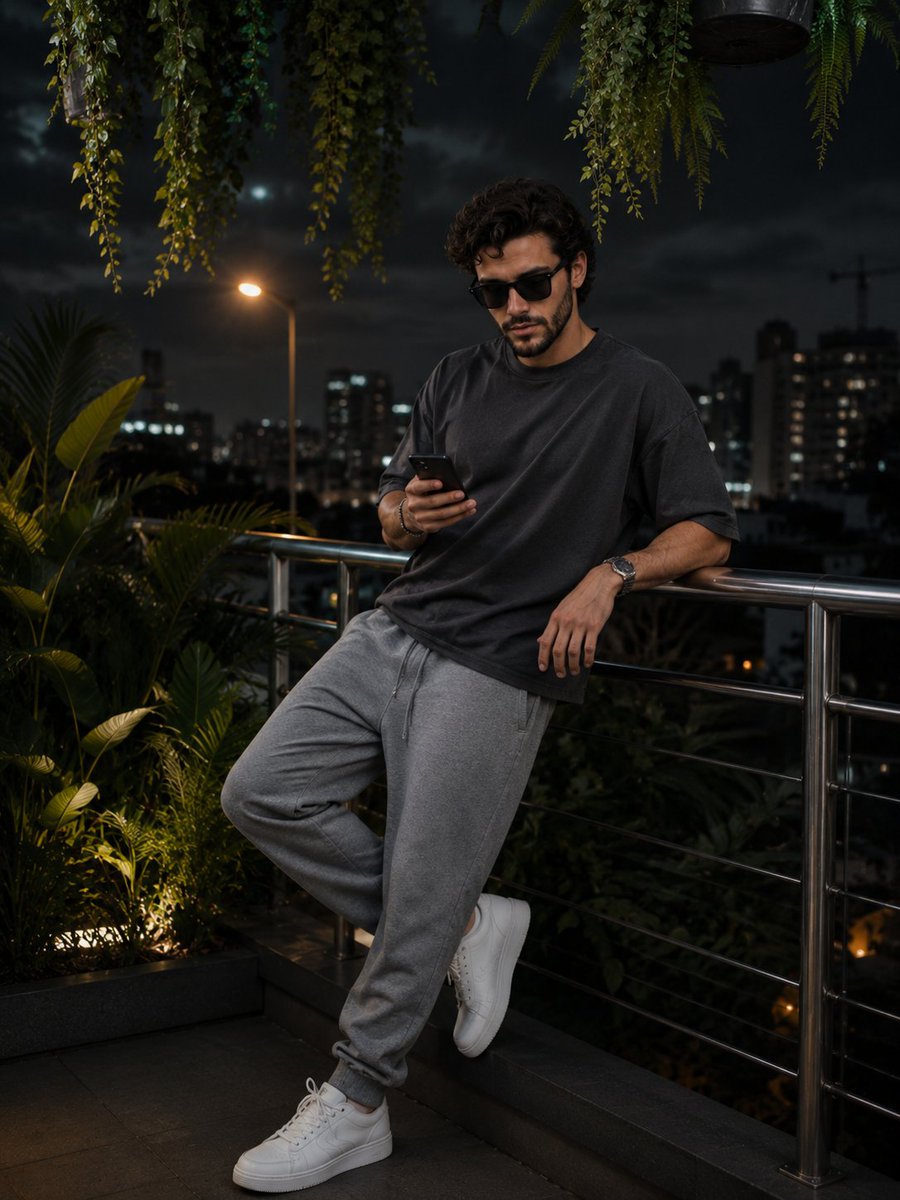 Casual man in streetwear checks smartphone on night rooftop