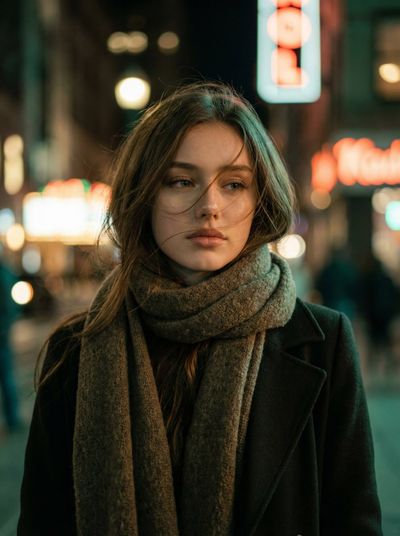 Cinematic Night Portrait: A Woman in the City Lights