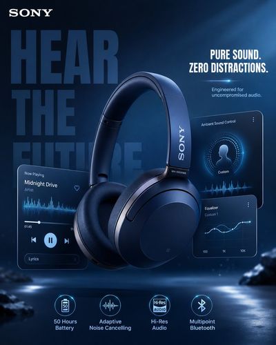 Sony Midnight Blue Headphones Float with Gleaming Metallic Reflections