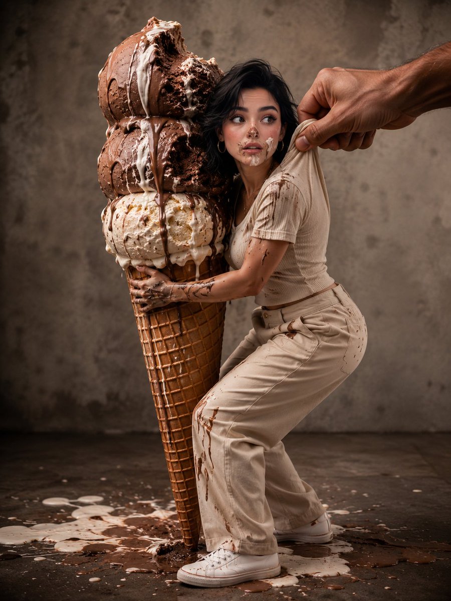 Girl hugs giant melting ice cream cone in playful surreal scene