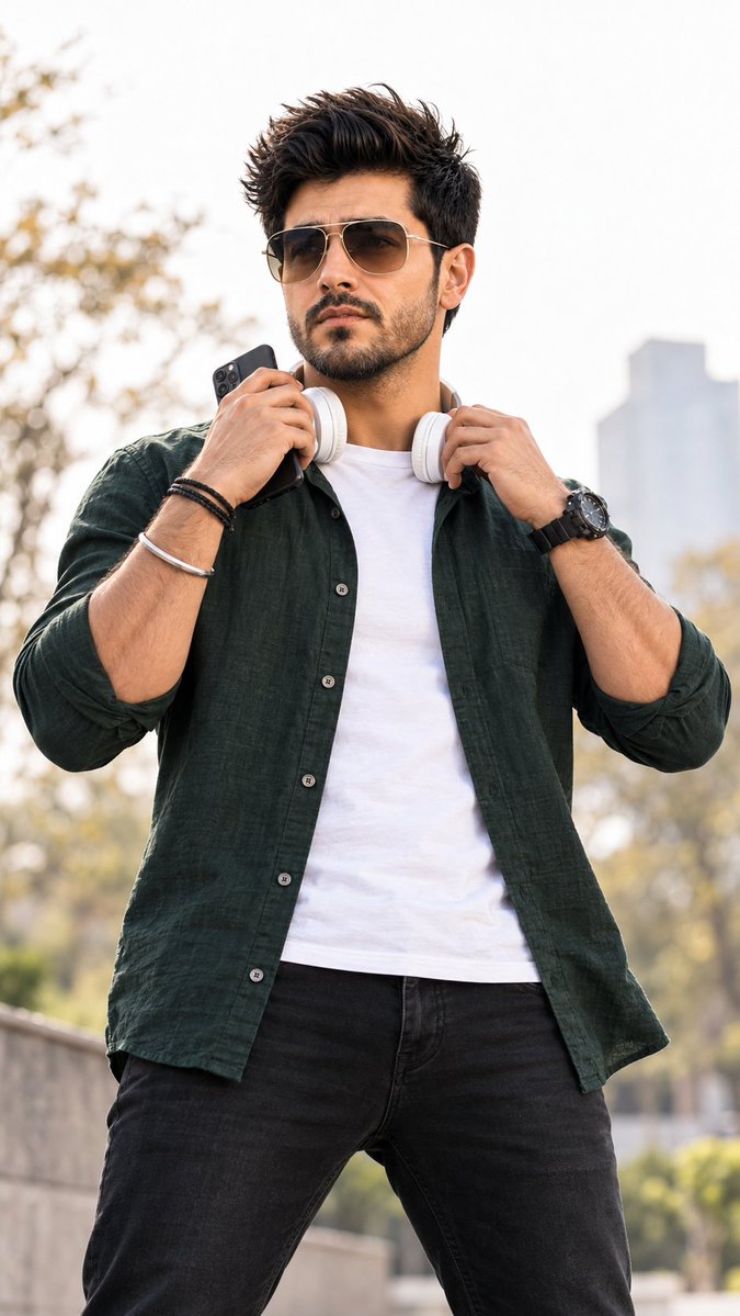 Confident young man adjusts headphones in high-key park portrait