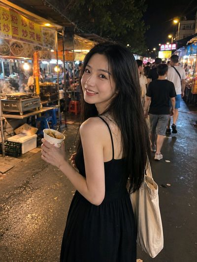 A woman in a black dress turns smiling at night market stalls