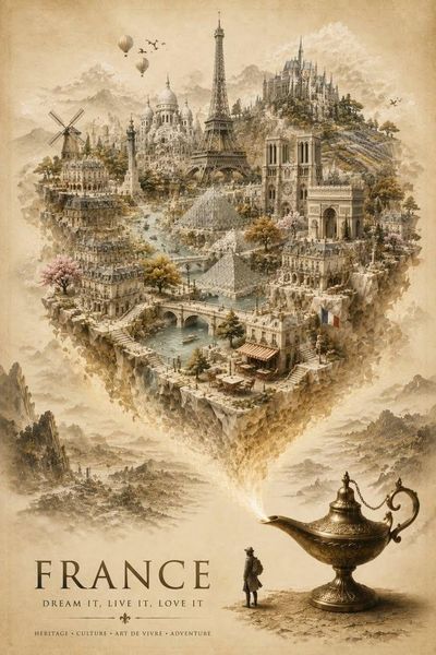 An antique brass lamp conjures a floating France in smoke
