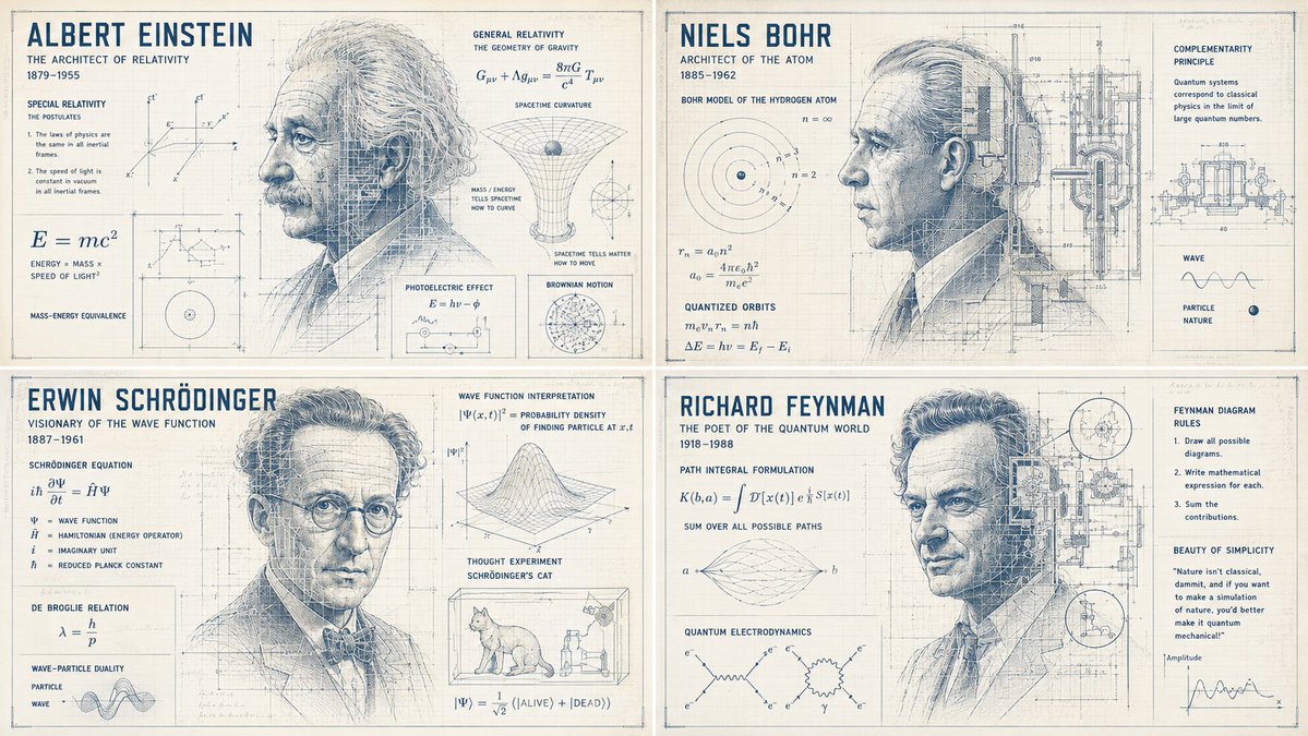 Cyanotype blueprint of a deconstructed physicist with floating formulas