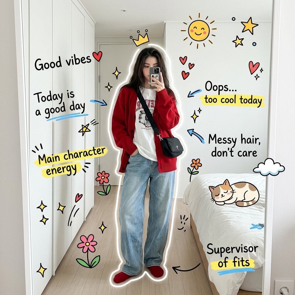 Woman poses for mirror selfie in cozy bedroom with doodles
