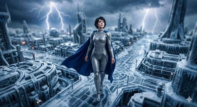 Silver-Clad Superheroine Amid Futuristic Storm