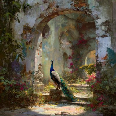 A majestic peacock wanders through a crumbling palace courtyard.