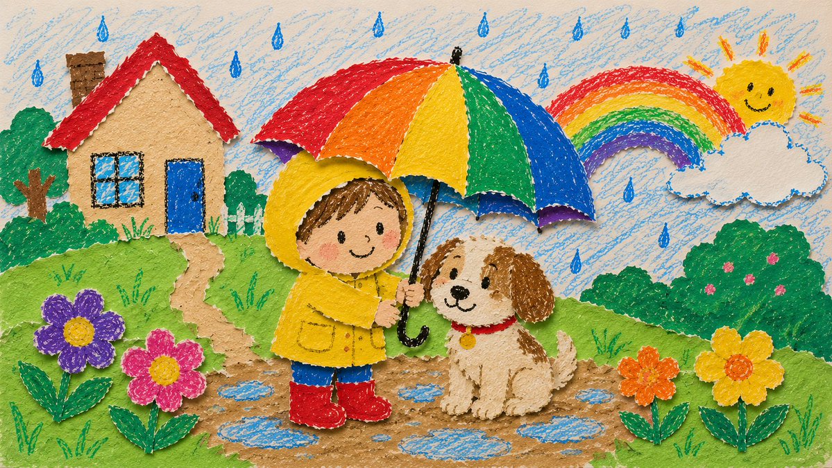 A child's paper-cut collage shows a happy dog under a rainbow.
