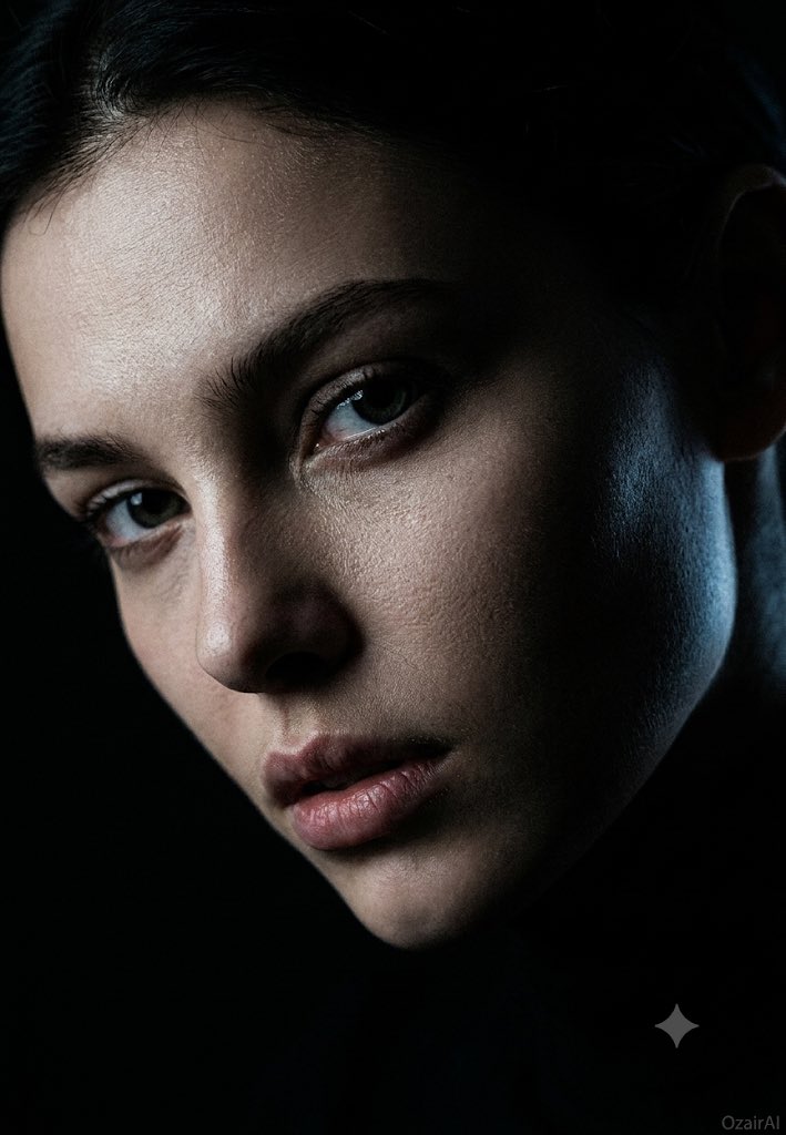 A three-quarter face emerges from shadow with forensic skin detail