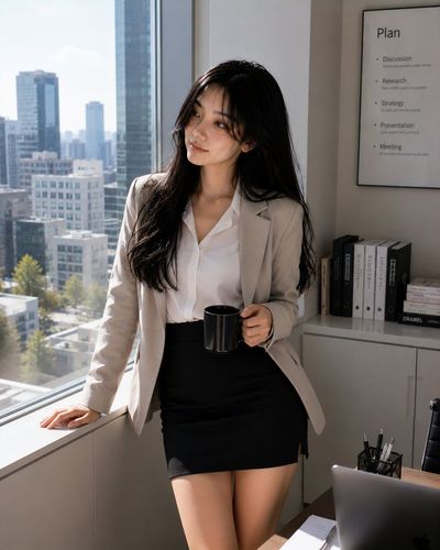 Korean office woman in beige blazer holds coffee by window