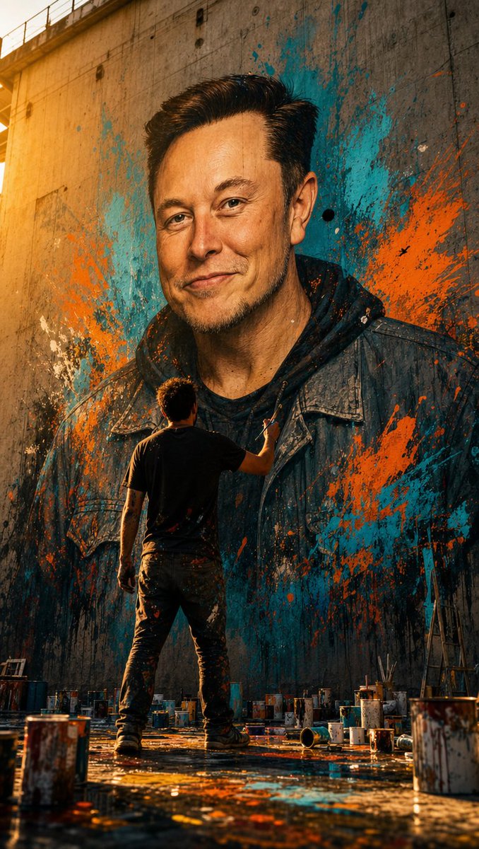 A street artist paints a giant photorealistic mural in golden sunlight