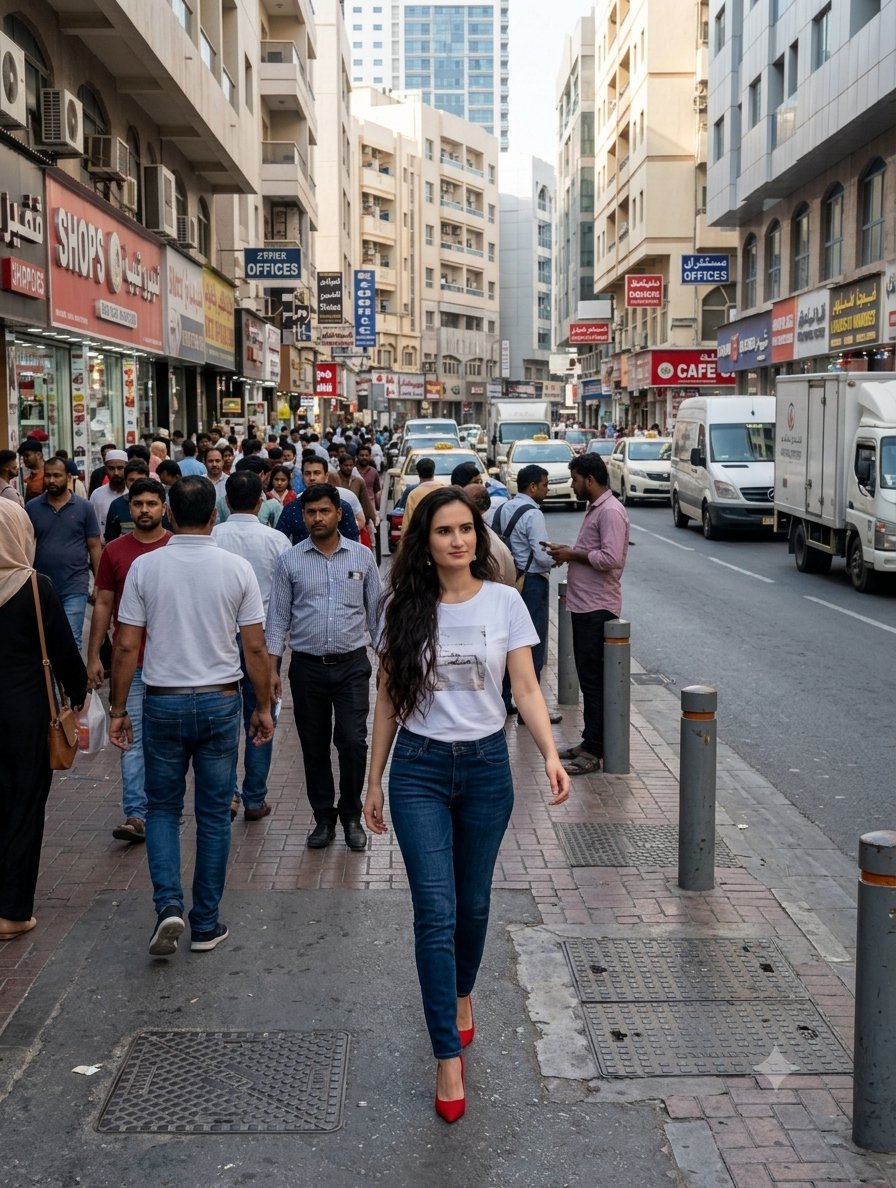 A woman in white shirt and jeans walks through a busy city street.