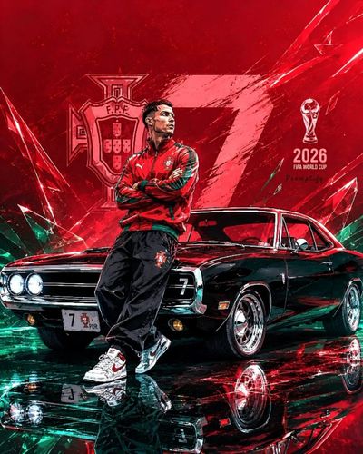 Cristiano Ronaldo stands confidently beside a glossy black muscle car