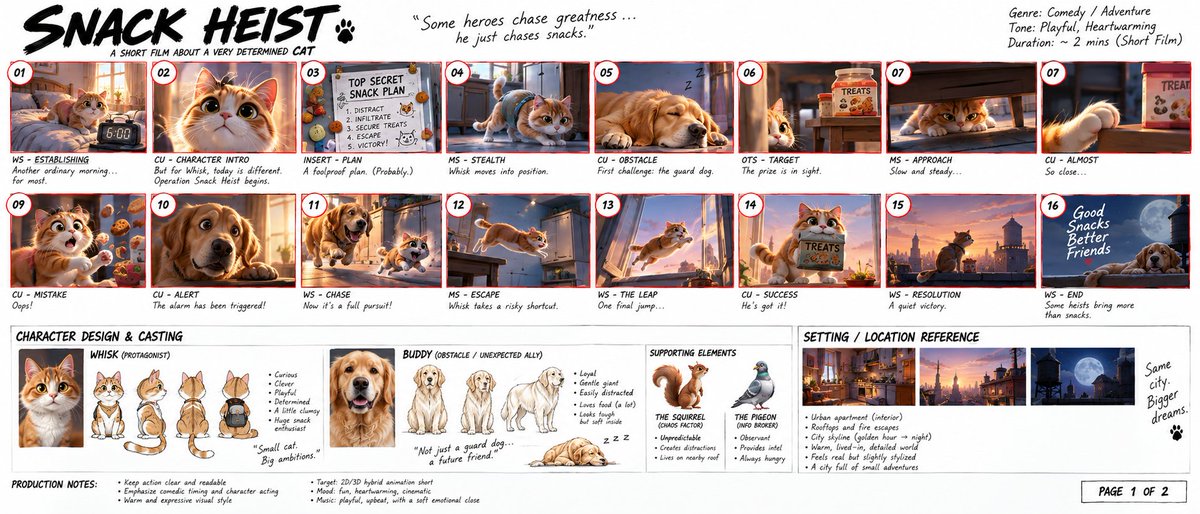 Animation pitch board displays a humorous short film storyboard layout