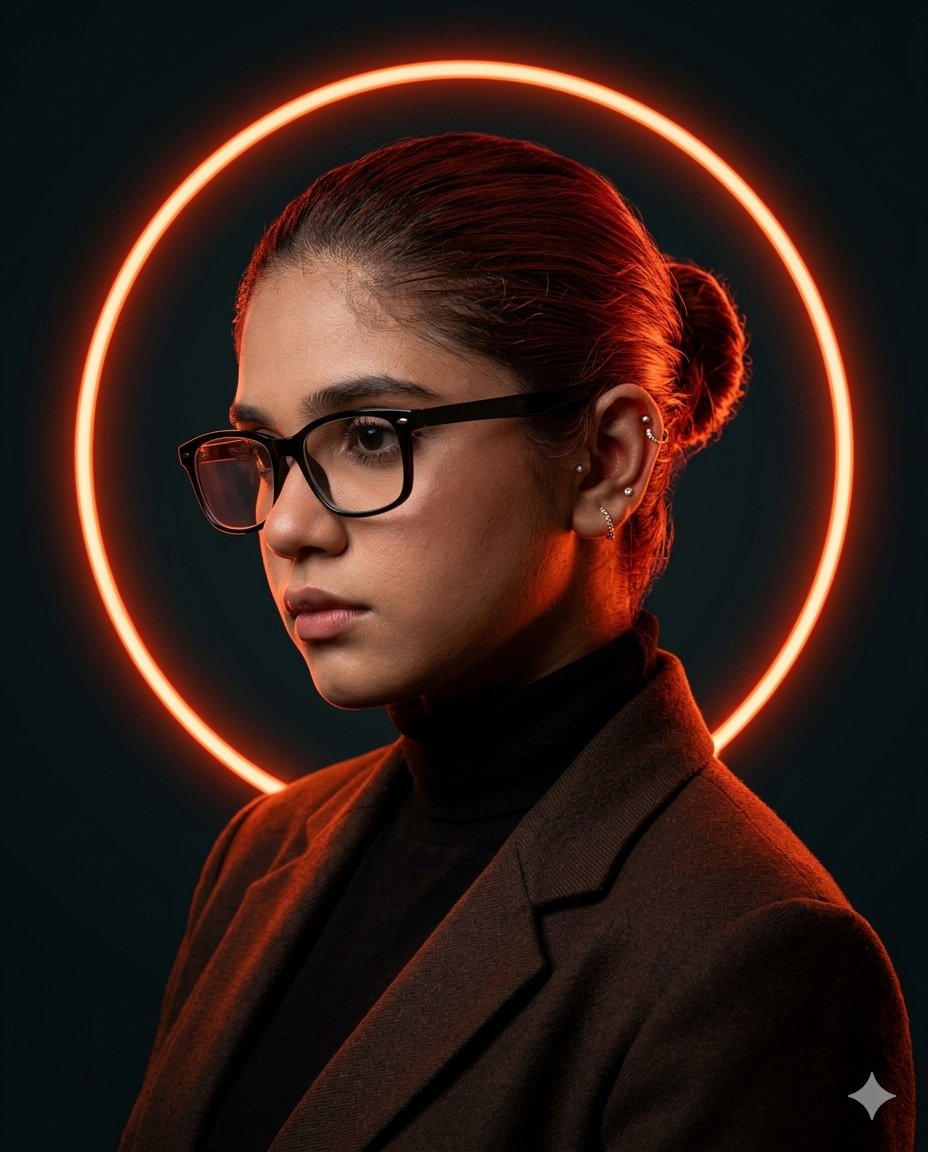 A focused woman in a blazer contemplates beneath a neon halo